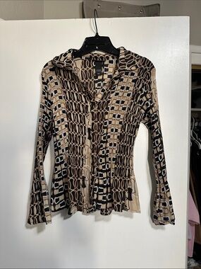 Brown Black Cream Geometric Button-Front Top
